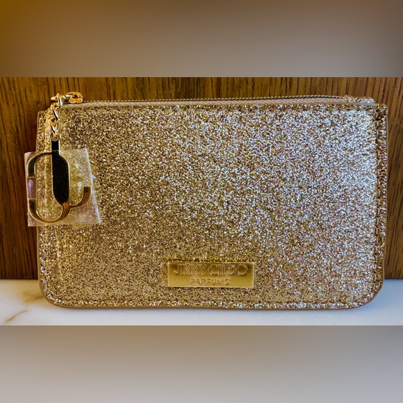 JIMMY CHOOSE NEW Parfums Gold Glitter Card Case Coin Pouch Key Holder - Picture 2 of 5